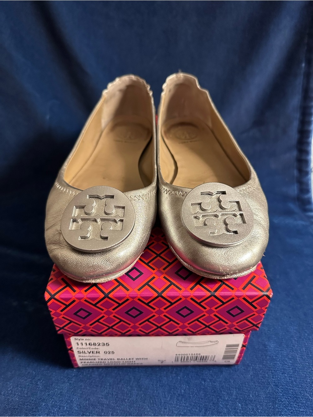 Tory Burch Metallic Silver Logo Ballet Flats